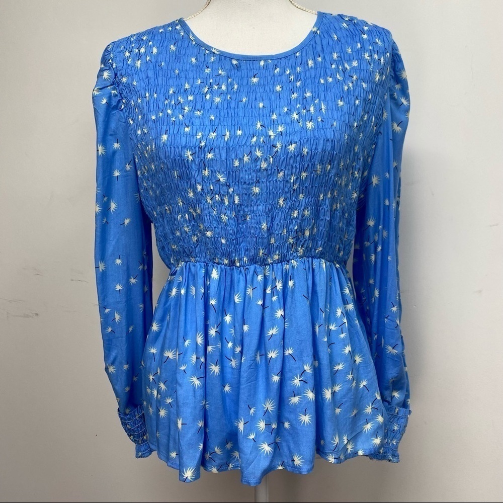 Love Sadie Blue White Abstract Print Lightweight  Peplum Top Size Large